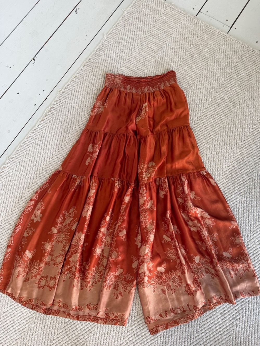 Boho Tiered Wide-Leg silk pant in Rust and gold Floral